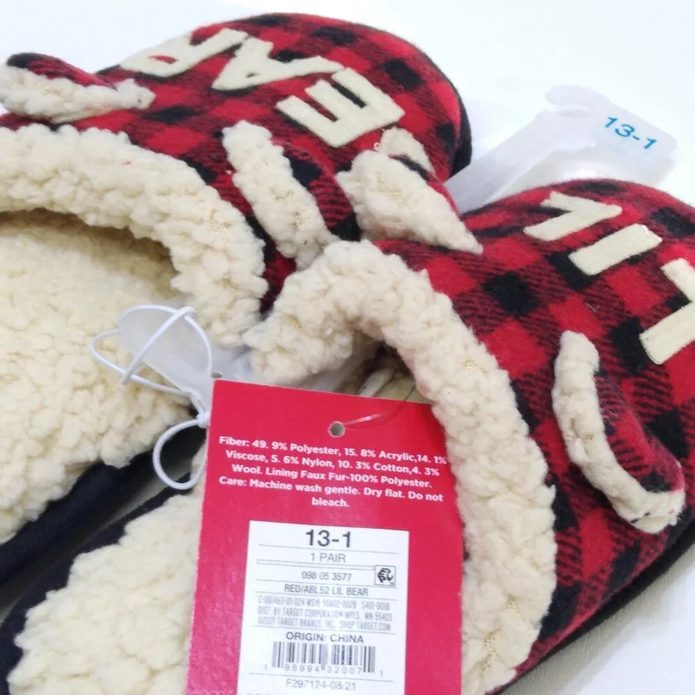 Wondershop Kids Lil Bear Slippers Size 13-1 Red & Black Plaid Faux Fur Lining